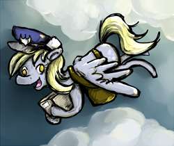 Size: 714x600 | Tagged: safe, artist:hayhedgehoghay, imported from derpibooru, derpy hooves, pegasus, pony, colored pupils, female, flying, hat, mail, mailbag, mare, package, solo