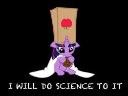 Size: 800x600 | Tagged: artist needed, safe, imported from derpibooru, twilight sparkle, pony, unicorn, adorkable, black background, clothes, cookie, crossover, cute, dork, dresden codak, female, filly, filly twilight sparkle, floppy ears, foal, hoof hold, lab coat, looking at something, paper bag, science, scientist, simple background, sitting, solo, text, unicorn twilight, younger