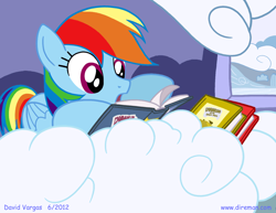 Size: 825x638 | Tagged: safe, artist:latecustomer, imported from derpibooru, rainbow dash, pegasus, pony, book, cloud, female, mare, open mouth, prone, reading, show accurate, solo