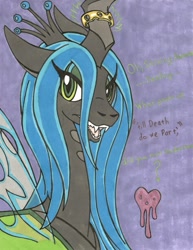 Size: 989x1280 | Tagged: source needed, safe, artist:anubislaughed, imported from derpibooru, queen chrysalis, changeling, changeling queen, female, heart, horn ring, solo, traditional art