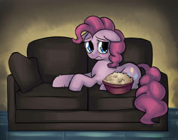 Size: 1810x1418 | Tagged: safe, artist:mewball, imported from derpibooru, pinkie pie, earth pony, pony, couch, female, floppy ears, food, mare, popcorn, prone, sad, solo