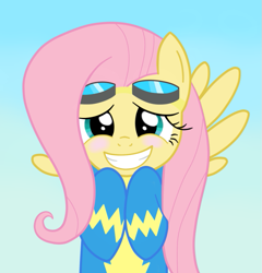 Size: 657x683 | Tagged: safe, artist:fluttershyfree, imported from derpibooru, fluttershy, pegasus, pony, blushing, female, goggles, gradient background, hooves to the chest, looking at you, mare, smiling, solo, wonderbolts uniform, wondershy