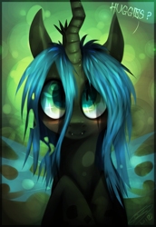 Size: 813x1183 | Tagged: safe, artist:imalou, imported from derpibooru, queen chrysalis, changeling, changeling queen, nymph, abstract background, blushing, cute, cutealis, dialogue, fangs, female, looking at you, smiling, solo