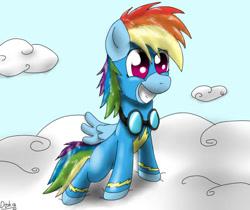 Size: 616x518 | Tagged: safe, artist:daelakama, imported from derpibooru, rainbow dash, pegasus, pony, cloud, female, filly, foal, goggles, grin, smiling, solo, wonderbolts uniform