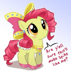 Size: 573x583 | Tagged: safe, artist:pimmy, imported from derpibooru, apple bloom, earth pony, pony, adorabloom, alternate hairstyle, blushing, bow, clothes, curly hair, cute, dialogue, dress, earring, fanfic, female, filly, frown, gradient background, hair bow, implied spike, jewelry, regalia, saddle, shipping, shoes, solo, spikebloom, straight, worried, y'all