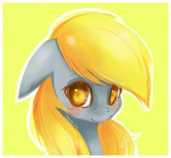Size: 1000x924 | Tagged: safe, artist:derpiihooves, imported from derpibooru, derpy hooves, pegasus, pony, bust, colored pupils, cute, derpabetes, female, floppy ears, looking at you, mare, portrait, simple background, smiling, solo, yellow background