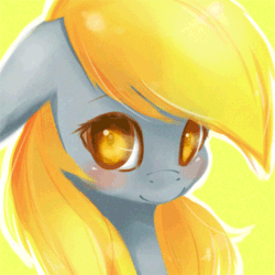 Size: 400x400 | Tagged: safe, artist:derpiihooves, imported from derpibooru, derpy hooves, pegasus, pony, animated, blinking, bust, colored pupils, cute, derpabetes, female, floppy ears, gif, looking at you, mare, portrait, simple background, smiling, solo, yellow background