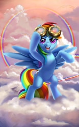 Size: 743x1200 | Tagged: safe, artist:mew, imported from derpibooru, rainbow dash, pegasus, pony, bipedal, cloud, cloudy, female, goggles, grin, looking at you, mare, rainbow, rearing, smiling, solo