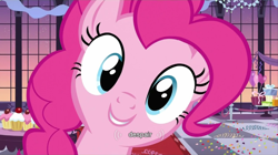 Size: 852x477 | Tagged: safe, imported from derpibooru, screencap, pinkie pie, earth pony, pony, cupcake, despair, female, looking at you, mare, smiling, solo, youtube caption