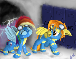 Size: 3300x2550 | Tagged: safe, artist:peasantb, imported from derpibooru, rainbow dash, spitfire, pegasus, pony, duo, duo female, female, goggles, high res, lightning, lockers, mare, shaking, thunderstorm, wet mane, wonderbolts uniform