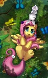 Size: 743x1200 | Tagged: safe, artist:mew, imported from derpibooru, angel bunny, fluttershy, butterfly, pegasus, pony, bird's eye view, clock, cute, duo, female, forest, high angle, mare, on back, shyabetes, smiling, underhoof