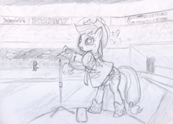 Size: 804x579 | Tagged: safe, artist:frist44, imported from derpibooru, applejack, spike, dragon, earth pony, pony, boots, clothes, crossover, dr. peace, duo, female, male, mare, microphone, monochrome, no more heroes, rearing, shoes