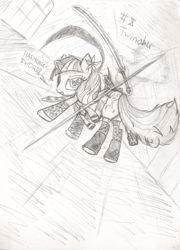 Size: 588x815 | Tagged: safe, artist:frist44, imported from derpibooru, twilight sparkle, pony, unicorn, clothes, crossover, female, mare, monochrome, no more heroes, shinobu, socks, solo, sword, weapon