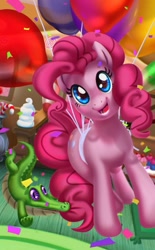 Size: 743x1200 | Tagged: safe, artist:mew, imported from derpibooru, gummy, pinkie pie, earth pony, pony, balloon, biting, cupcake, female, floating, happy, mare, photoshop, sugarcube corner, tail bite, then watch her balloons lift her up to the sky