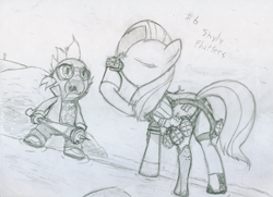 Size: 801x580 | Tagged: safe, artist:frist44, imported from derpibooru, fluttershy, spike, dragon, pegasus, pony, crossover, duo, female, grenade, holly summers, male, mare, monochrome, no more heroes, travis touchdown, weapon