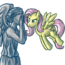 Size: 500x500 | Tagged: artist needed, safe, imported from derpibooru, fluttershy, pegasus, pony, covering eyes, crossover, doctor who, female, flying, mare, simple background, the stare, weeping angel, white background