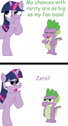 Size: 1216x2270 | Tagged: safe, artist:t-3000, imported from derpibooru, spike, twilight sparkle, dragon, pony, unicorn, boasting, comic, duo, female, male, mare, simple background, spike is not amused, unamused, white background