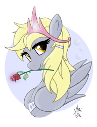 Size: 920x1200 | Tagged: safe, artist:joakaha, imported from derpibooru, derpy hooves, pegasus, pony, crown, female, flower, flower in mouth, hair tie, jewelry, mare, mouth hold, princess, rose, solo, tiara, underp