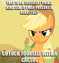 Size: 450x480 | Tagged: safe, edit, edited screencap, imported from derpibooru, screencap, applejack, earth pony, pony, over a barrel, female, glare, image macro, mare, solo, vulgar