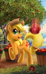 Size: 743x1200 | Tagged: safe, artist:mew, imported from derpibooru, applejack, earth pony, pony, apple, apple tree, crepuscular rays, female, mare, motion blur, rearing, smiling, solo, tree