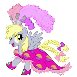 Size: 800x800 | Tagged: safe, artist:drchrissy, imported from derpibooru, derpy hooves, pegasus, pony, bow, braided tail, clothes, dress, female, fork, happy, high heels, mare, muffin, simple background, solo, spread wings, tail bow, white background