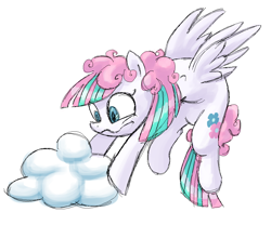 Size: 1022x849 | Tagged: safe, artist:needsmoarg4, imported from derpibooru, blossomforth, pegasus, pony, alternate hairstyle, cloud, female, flying, g4, mare, simple background, solo, wavy mouth, white background