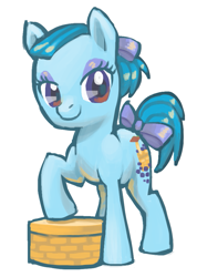 Size: 683x960 | Tagged: safe, artist:needsmoarg4, imported from derpibooru, blueberry baskets, earth pony, pony, basket, female, g1, g1 to g4, g4, generation leap, hair bow, mare, simple background, smiling, solo, tail bow, white background