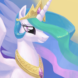 Size: 900x900 | Tagged: safe, artist:needsmoarg4, imported from derpibooru, princess celestia, alicorn, pony, bust, digital painting, female, g4, mare, portrait, smiling, solo