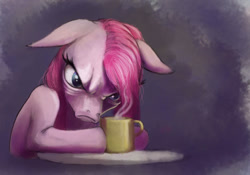 Size: 563x395 | Tagged: safe, artist:hattonslayden, imported from derpibooru, pinkie pie, earth pony, pony, abstract background, coffee, female, floppy ears, grumpy, mare, morning ponies, mug, pinkamena diane pie, solo