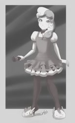 Size: 458x750 | Tagged: safe, artist:mew, imported from derpibooru, sweetie belle, human, clothes, dress, female, humanized, microphone, monochrome, pantyhose, slippers, solo