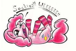 Size: 1000x675 | Tagged: safe, artist:aqnichols, artist:beechsprout, imported from derpibooru, pinkie pie, earth pony, pony, artifact, clothes, cute, dialogue, diapinkes, female, lying down, mare, on back, simple background, sockies, socks, solo, striped socks, traditional art, white background