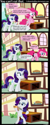 Size: 615x1536 | Tagged: safe, artist:coltsteelstallion, imported from derpibooru, pinkie pie, rarity, earth pony, pony, unicorn, comic, duo, duo female, eating, female, hypocrisy, hypocritical humor, mare, nom, pie, raribitch, window