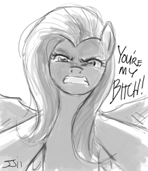 Size: 900x1038 | Tagged: safe, artist:johnjoseco, imported from derpibooru, fluttershy, pegasus, pony, angry, female, flutterbitch, grayscale, looking at you, mare, monochrome, offscreen character, pov, solo, vulgar