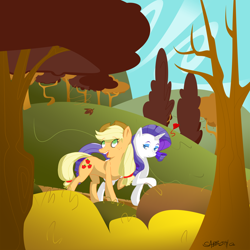 Size: 2000x2000 | Tagged: safe, artist:copycatastrophe, imported from derpibooru, applejack, rarity, earth pony, pony, unicorn, colored pupils, female, happy, heart, high res, lesbian, mare, rarijack, shipping, smiling, tree, walking