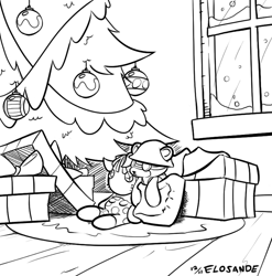 Size: 784x793 | Tagged: safe, artist:elosande, imported from derpibooru, smarty pants, christmas, christmas tree, crossover, holiday, monochrome, no pony, present, snow, team fortress 2, teddy roosebelt, tree, window