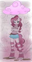 Size: 627x1200 | Tagged: safe, artist:dragontheshadows, imported from derpibooru, pinkie pie, anthro, unguligrade anthro, chocolate rain, clothes, cloud, cross-popping veins, crossed arms, discorded, female, frown, meanie pie, socks, solo, striped socks