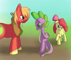 Size: 1291x1084 | Tagged: safe, artist:sharpy, imported from derpibooru, apple bloom, big macintosh, spike, dragon, earth pony, hybrid, pony, female, frown, glare, gradient background, gritted teeth, interspecies, interspecies offspring, looking down, male, mare, mommabloom, nervous, offspring, parent:spike, ponies breeding dragons, pregnant, raised hoof, shipping, spikebloom, stallion, straight, sweat, this will end in marriage