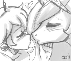 Size: 700x600 | Tagged: safe, artist:johnjoseco, imported from derpibooru, princess celestia, alicorn, human, pony, blushing, crossover, crossover shipping, eyes closed, female, grayscale, heart, human female, human on pony action, imminent kissing, kissing, lesbian, mare, mare on human female, monochrome, princess peach, shipping, super mario bros.