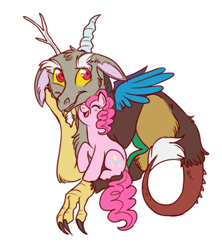 Size: 444x500 | Tagged: safe, artist:lulubell, imported from derpibooru, discord, pinkie pie, draconequus, earth pony, pony, blushing, cute, discopie, discute, duo, eyes closed, female, floppy ears, fluffy, grin, looking at you, male, mare, neck nuzzle, nuzzling, open mouth, open smile, prone, raised hoof, shipping, simple background, sitting, size difference, smiling, smiling at you, straight, white background