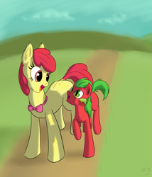 Size: 719x840 | Tagged: safe, artist:sharpy, imported from derpibooru, apple bloom, oc, dracony, earth pony, hybrid, pony, bowtie, duo, female, foal, interspecies, interspecies offspring, looking at each other, male, mare, mother and son, offspring, older, open mouth, parent:apple bloom, parent:spike, parents:spikebloom, raised hoof, slit eyes, slit pupils, smiling