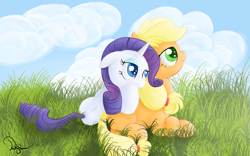 Size: 1440x900 | Tagged: safe, artist:twilightsquare, imported from derpibooru, applejack, rarity, earth pony, pony, unicorn, cuddling, female, grass, lesbian, mare, pony pillow, prone, rarijack, shipping