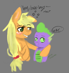 Size: 424x451 | Tagged: safe, artist:saamiskalla, imported from derpibooru, applejack, spike, dragon, earth pony, pony, applespike, bipedal, blushing, drunk, drunk aj, drunk bubbles, female, hug, male, mare, shipping, straight