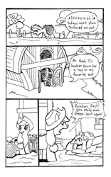 Size: 561x900 | Tagged: safe, artist:elosande, imported from derpibooru, applejack, rainbow dash, earth pony, pegasus, pony, apple, barn, basket, comic, duo, female, food, mare, monochrome