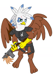 Size: 1024x1412 | Tagged: safe, artist:irkengeneral, imported from derpibooru, oc, oc only, griffon, fallout equestria, armor, bipedal, female, simple background, solo, spread wings, talon merc, talons, white background