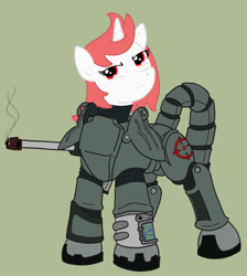 Size: 1024x1141 | Tagged: safe, artist:irkengeneral, imported from derpibooru, oc, oc only, oc:appletart longshot, pony, unicorn, fallout equestria, armor, female, mare, simple background, solo, weapon