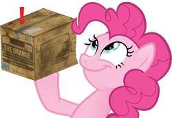 Size: 1110x759 | Tagged: safe, imported from derpibooru, pinkie pie, earth pony, pony, cardboard box, female, konami, look what pinkie found, mare, meme, metal gear, simple background, smiling, solo, transparent background