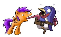 Size: 660x400 | Tagged: artist needed, safe, imported from derpibooru, scootaloo, pegasus, pony, disgaea, duo, female, filly, hero prinny, licking, long tongue, open mouth, prinny, simple background, spread wings, sweat, sweatdrops, tongue out, white background, white eyes