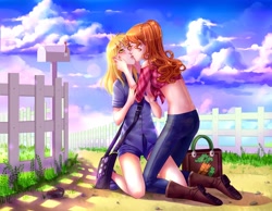 Size: 3600x2800 | Tagged: safe, artist:alexielart, imported from derpibooru, carrot top, derpy hooves, golden harvest, human, derpytop, female, fence, high res, humanized, kissing, kneeling, lesbian, mailbox, midriff, shipping, shoulder bag