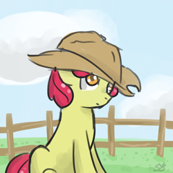 Size: 900x900 | Tagged: safe, artist:speccysy, imported from derpibooru, apple bloom, earth pony, pony, colored pupils, female, fence, filly, hat, sitting, solo