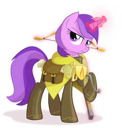 Size: 1900x2000 | Tagged: safe, artist:equestria-prevails, imported from derpibooru, amethyst star, sparkler, pony, unicorn, bow (weapon), crossbow, female, frown, glowing horn, magic, mare, simple background, solo, telekinesis, transparent background